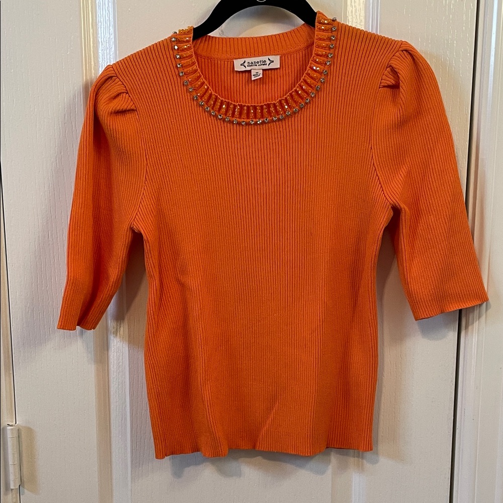 Nanette Orange Ribbed Top with Beaded Neckline
